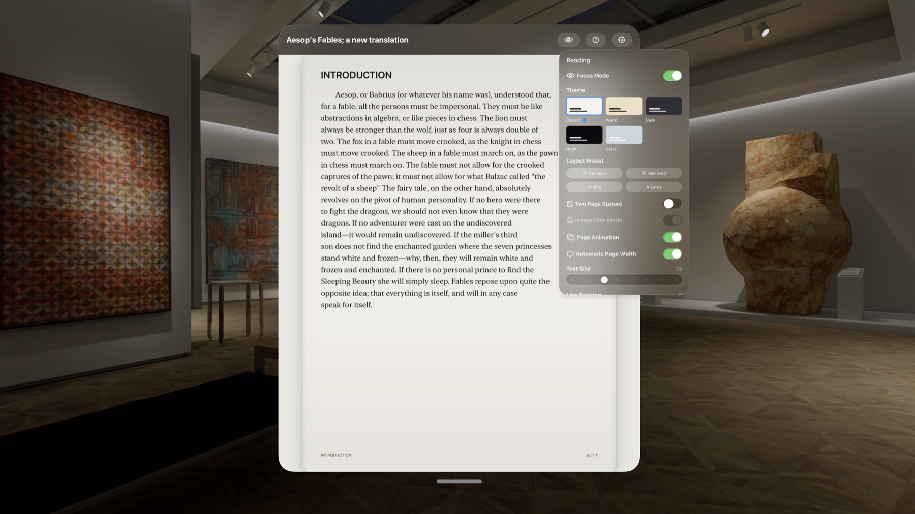 A compact FolioSpace reading window on Apple Vision Pro.