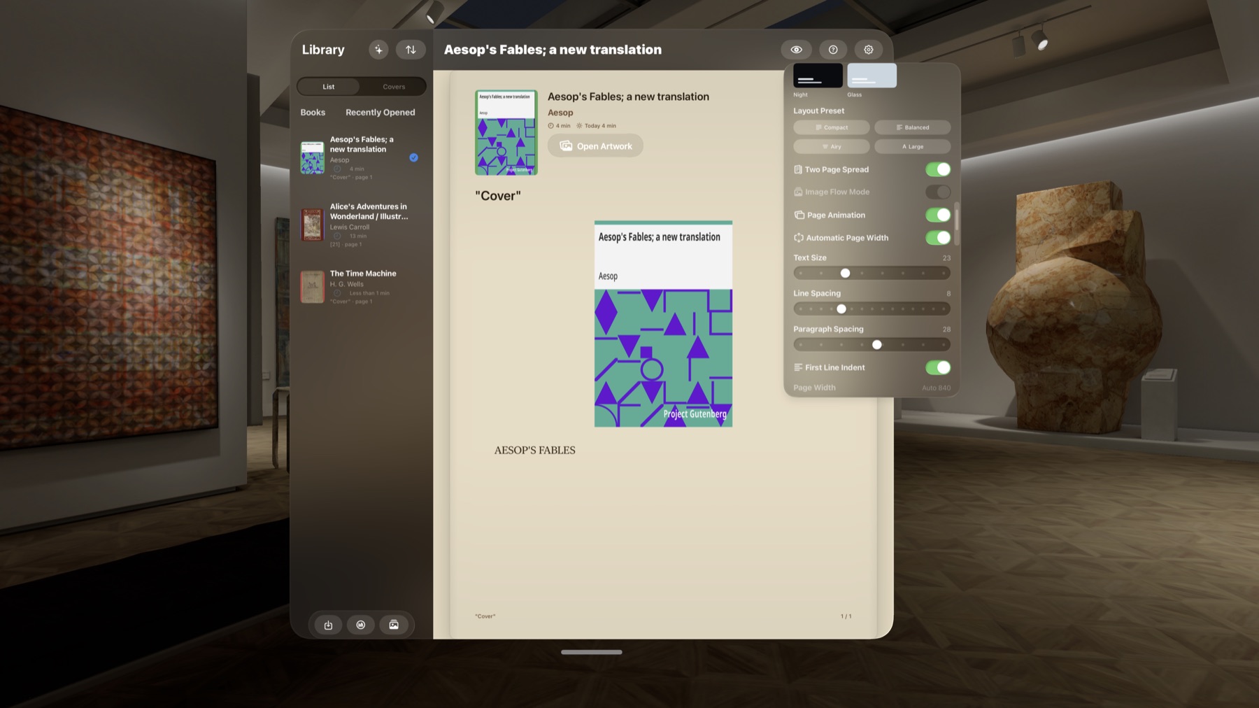 FolioSpace Reader settings on Apple Vision Pro.